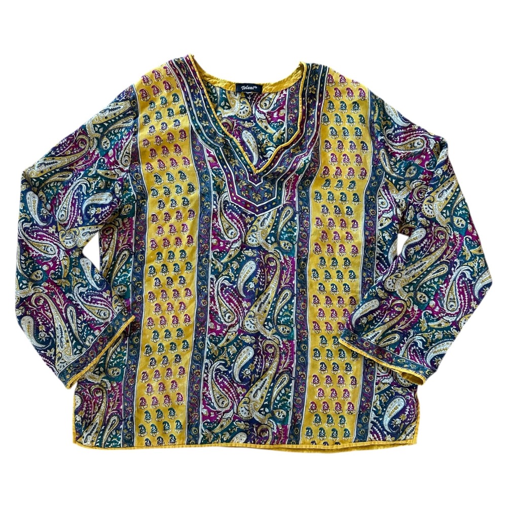 Tolani Silk Flowy Hippie Tunic Top Womens Multi Color Paisley Floral V-Neck Sz M